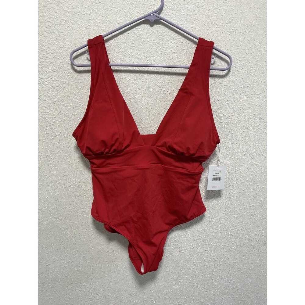 NWT Annie Swim The Mykonos One Piece Swimsuit Cherry Red Plunge Size L
